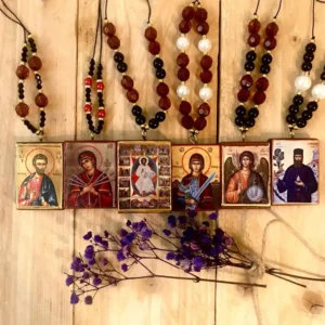 Handmade Mini Pendant Orthodox Wooden Icon With Beads / Handmade Greek Orthodox Mini Icon With Jesus Virgin Mary Saint And Angels / Gifts