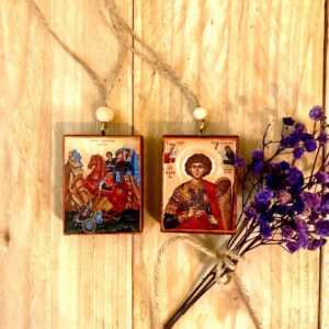 Handmade Mini Pendant Orthodox Wooden Icon - Charm With Beads / Handmade Greek Orthodox Mini Icon With Jesus Virgin Mary Saint And Angels