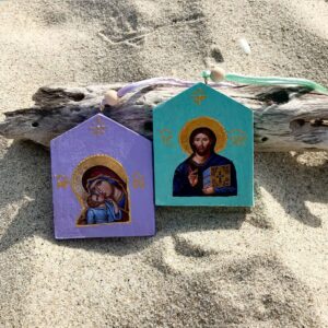 Handmade Orthodox Mini Icons Of Jesus And Virgin Mary / Handmade Mini Pendant Wooden Orthodox Icons With Beads / Orthodox Charms