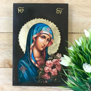 Handmade Virgin Mary Icon with Flowers – Gold Leaf Halo