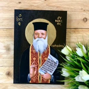 Handmade Wooden Icon of Saint Eumenios Saridakis – Orthodox Christian Wall Art – Modern Greek Saint – Religious Gift from Crete