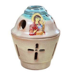 Ceramic Greek Orthodox Vigil Lamp with Icon of the Virgin Mary