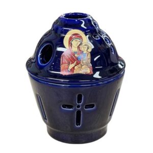 Apostolic Ceramic Vigil Lamp - Glazed Orthodox Kandili - Christian Oil Lamp for Prayer Corner 13x10,5cm Blue