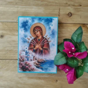 Greek Orthodox Seven Sorrows Virgin Mary Icon on Wood | Handmade Decoupage Plaque 10.5x15cm | Santorini Watercolor Art