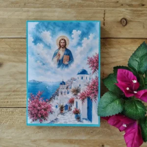 Jesus Christ Blessing Orthodox Icon on Wood Handmade Decoupage Plaque 10.5x15cm Santorini Watercolor Artwork