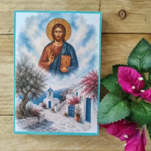 Jesus Christ Orthodox Icon on Wood Handmade Decoupage Plaque 10.5x15cm Santorini Watercolor Artwork