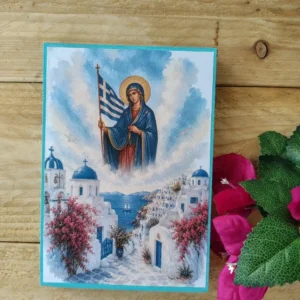 Virgin Mary Greek Orthodox Icon with Greek Flag Handmade Decoupage Wood Plaque Santorini Decor