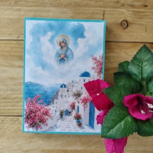 Virgin Mary Orthodox Icon with Santorini Landscape Handmade Decoupage Wood Plaque 10.5x15cm