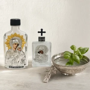 Glass Holy Water Bottle with Virgin Mary and Christ