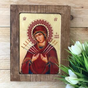 Seven Swords Virgin Mary Wooden Icon with Plexiglass and Gold Leaf 18x13.5cm